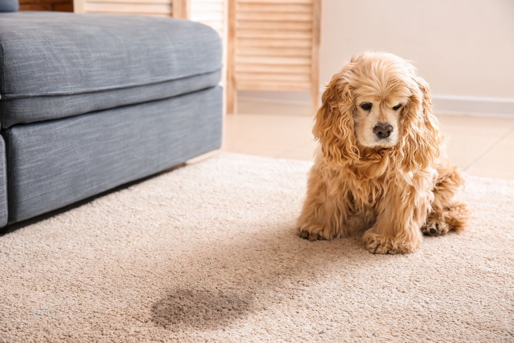 A dog on a carpet in front of a couch, illustrating the benefits of a pet mess removal service in Springfield, IL.