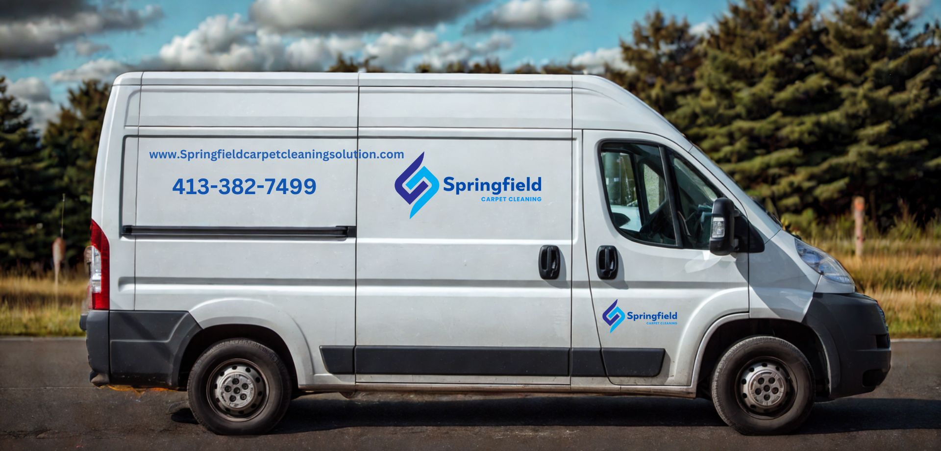 White van with blue and white lettering promoting a carpet and rug cleaning service located in Springfield, IL.
